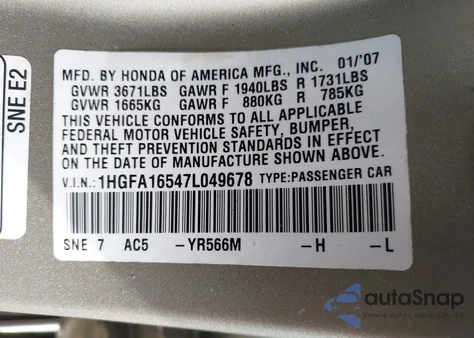 2007 Honda Civic Lx из США, поврежденный, VIN 1HGFA16547L049678